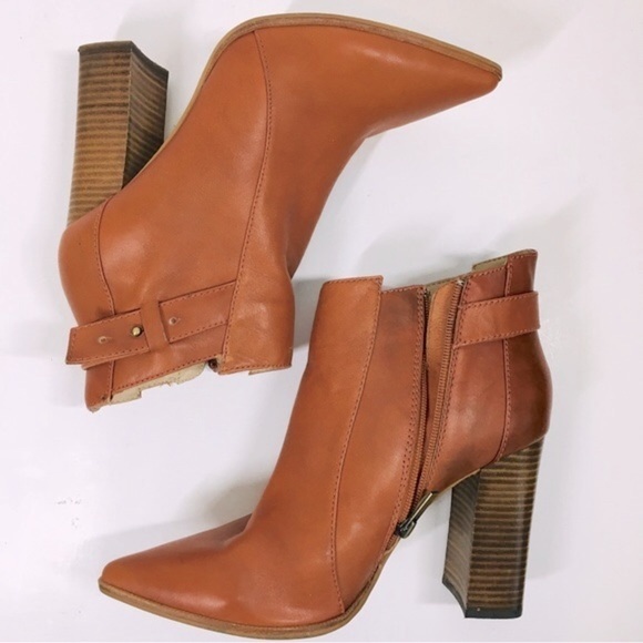 Steven Steve Madden Klick Cognac Leather Pointed Toe Block High Heel Ankle Boots - Picture 5 of 15